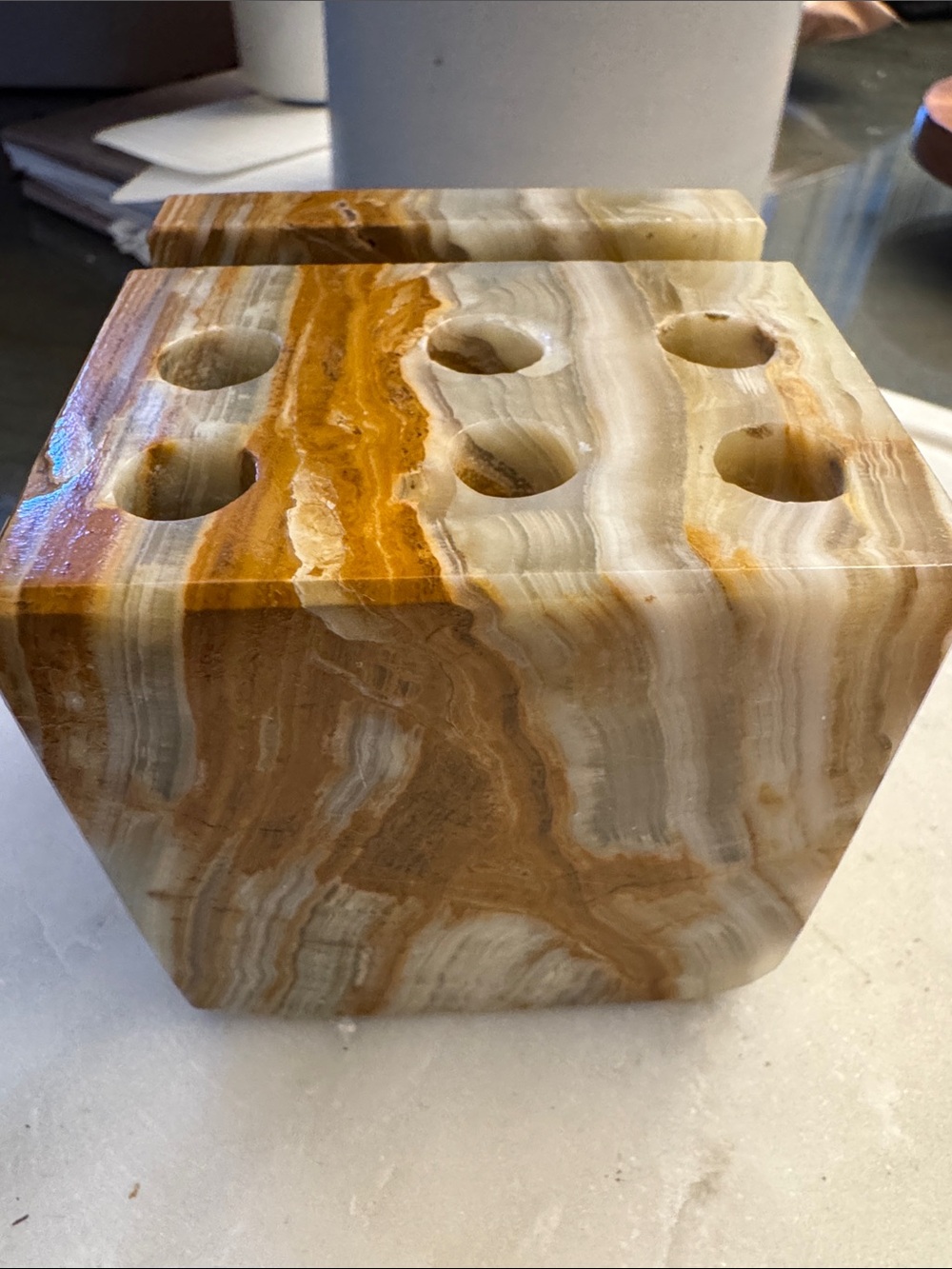Stone business card and pen/pencil holder in Warm Honey Striations